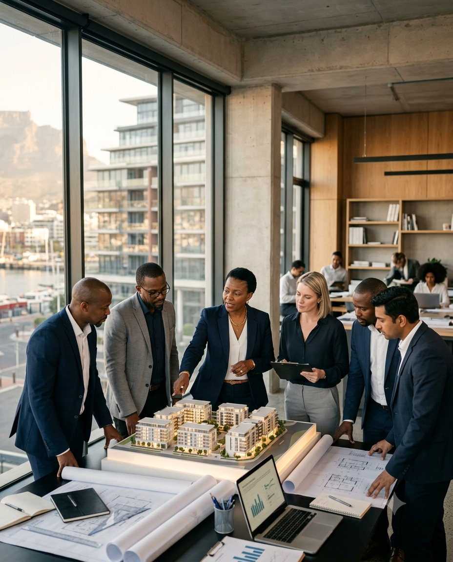 Property development professionals reviewing architectural plans